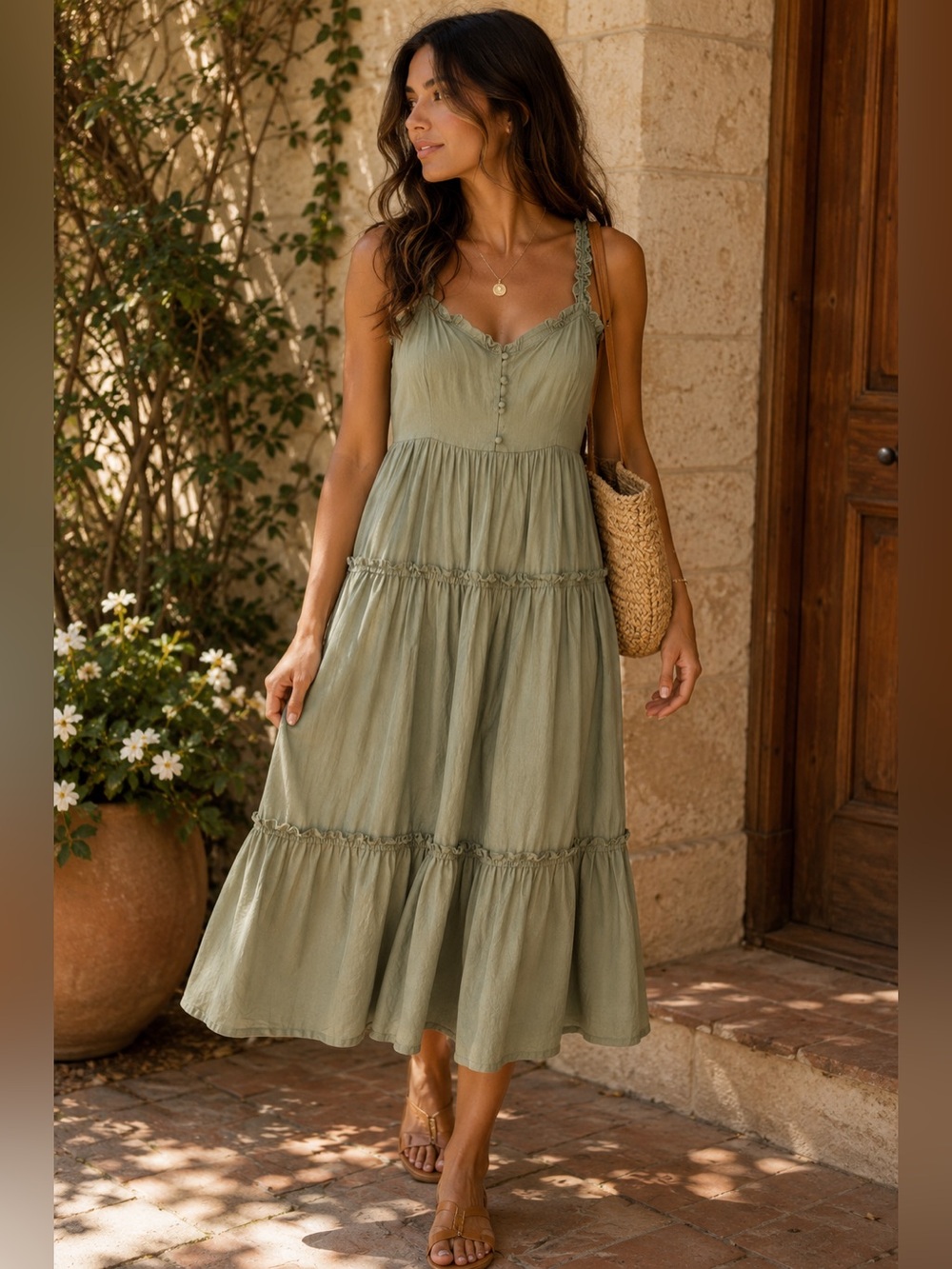 STORIA Sage Green Tiered Midi Dress | Smocked Bodice Stretch Fit S–M
